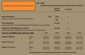 Tarif et sessions en 2023