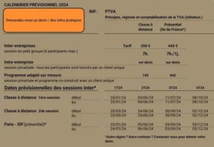 tableau des dates et tarifs de la formation TVA