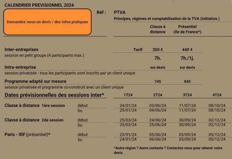 tableau des dates et tarifs de la formation TVA